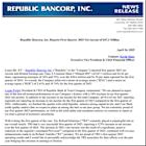 Republic Bancorp, Inc. Reports First Quarter 2025 Net Income of $47.3 Million