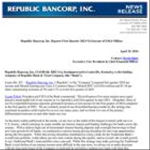 Republic Bancorp, Inc. Reports First Quarter 2024 Net Income of $30.6 Million