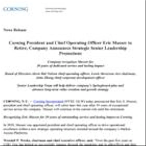 Corning President and Chief Operating Officer Eric Musser to Retire; Company Announces Strategic Senior Leadership Promotions