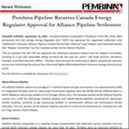 Pembina Pipeline Receives Canada Energy Regulator Approval for Alliance Pipeline Settlement