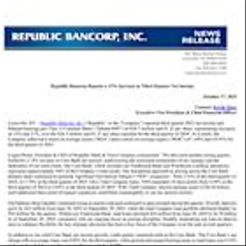 Republic Bancorp Reports a 12% Increase in Third Quarter Net Income