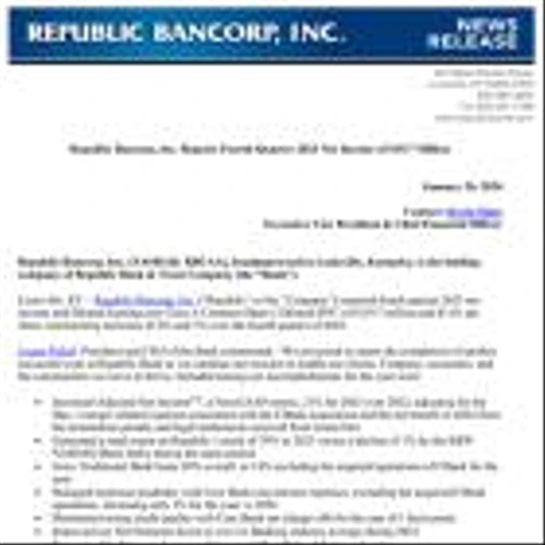 Republic Bancorp, Inc. Reports Fourth Quarter 2023 Net Income of $19.7 Million