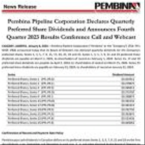Pembina Pipeline Corporation Declares Quarterly Preferred Share Dividends and Announces Fourth Quarter 2023 Results Conference Call and Webcast