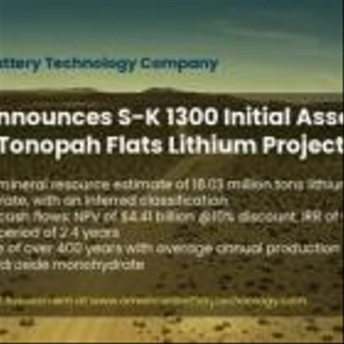 American Battery Technology Company Announces S-K 1300 Initial Assessment for its Tonopah Flats Lithium Project