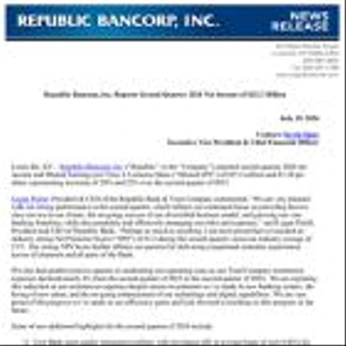 Republic Bancorp, Inc. Reports Second Quarter 2024 Net Income of $25.2 Million