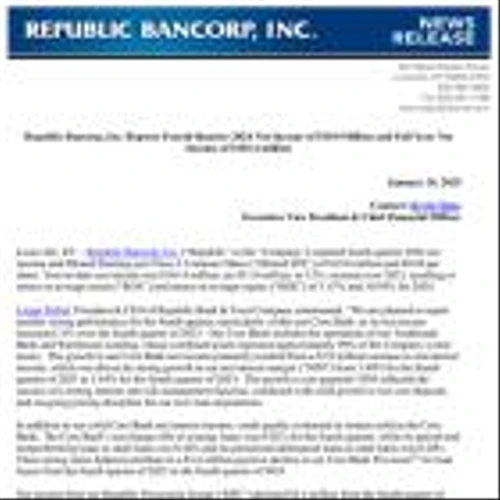 Republic Bancorp, Inc. Reports Fourth Quarter 2024 Net Income of $19.0 Million and Full Year Net Income of $101.4 million
