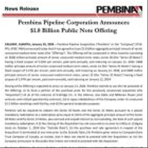 Pembina Pipeline Corporation Announces $1.8 Billion Public Note Offering
