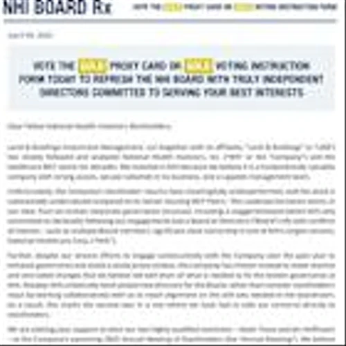 Land & Buildings Sends Letter to National Health Investors Stockholders and Files Definitive Proxy Materials Detailing Urgent Need for Boardroom Change