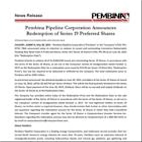 Pembina Pipeline Corporation Announces Redemption of Series 19 Preferred Shares