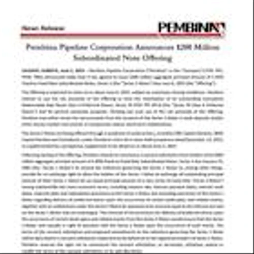Pembina Pipeline Corporation Announces $200 Million Subordinated Note Offering