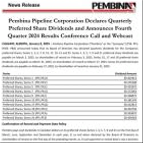 Pembina Pipeline Corporation Declares Quarterly Preferred Share Dividends and Announces Fourth Quarter 2024 Results Conference Call and Webcast