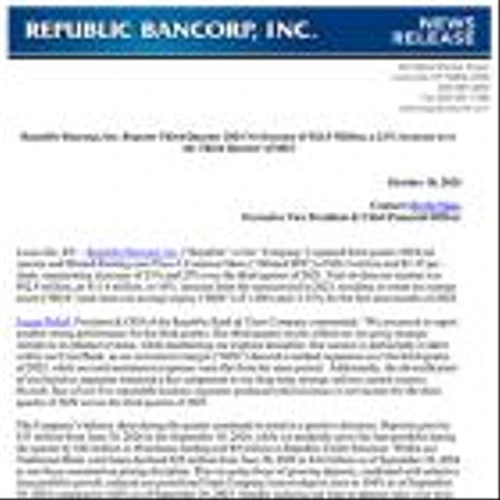 Republic Bancorp, Inc. Reports Third Quarter 2024 Net Income of $26.5 Million, a 23% Increase Over the Third Quarter of 2023