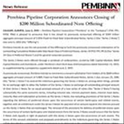 Pembina Pipeline Corporation Announces Closing of $200 Million Subordinated Note Offering