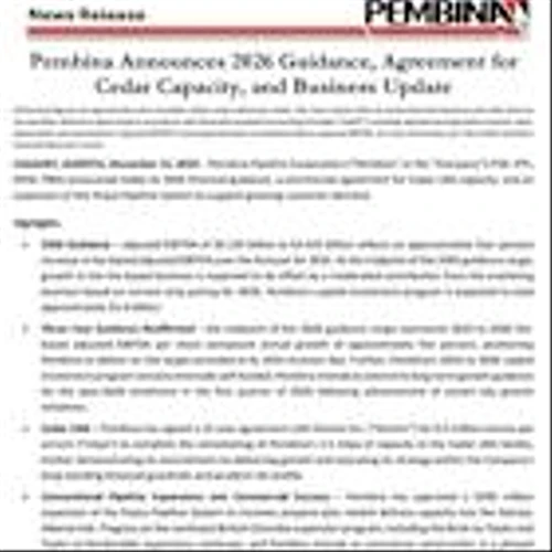 Pembina Announces 2026 Guidance, Agreement for Cedar Capacity, and Business Update