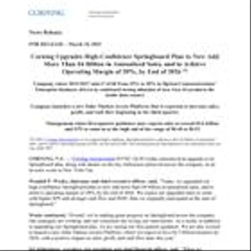 Corning Upgrades High-Confidence Springboard Plan to Now Add More Than $4 Billion in Annualized Sales, and to Achieve Operating Margin of 20%, by End of 2026 (1)