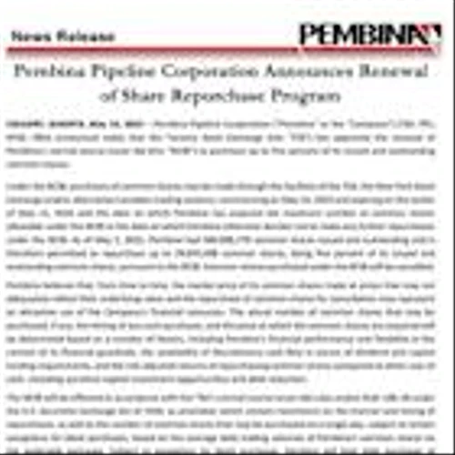 Pembina Pipeline Corporation Announces Renewal of Share Repurchase Program