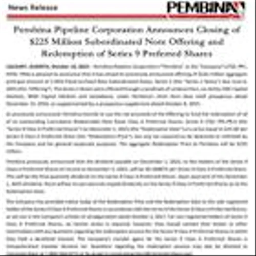 Pembina Pipeline Corporation Announces Closing of $225 Million Subordinated Note Offering and Redemption of Series 9 Preferred Shares