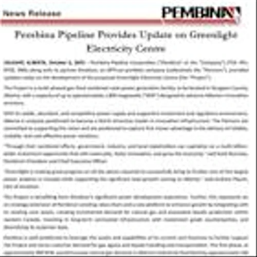 Pembina Pipeline Provides Update on Greenlight Electricity Centre